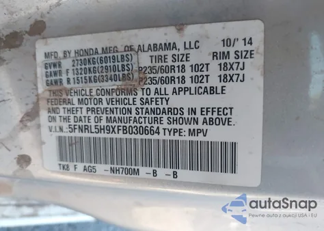 2015 Honda Odyssey Touring/Touring Elite z USA, uszkodzony, nr VIN 5FNRL5H9XFB030664